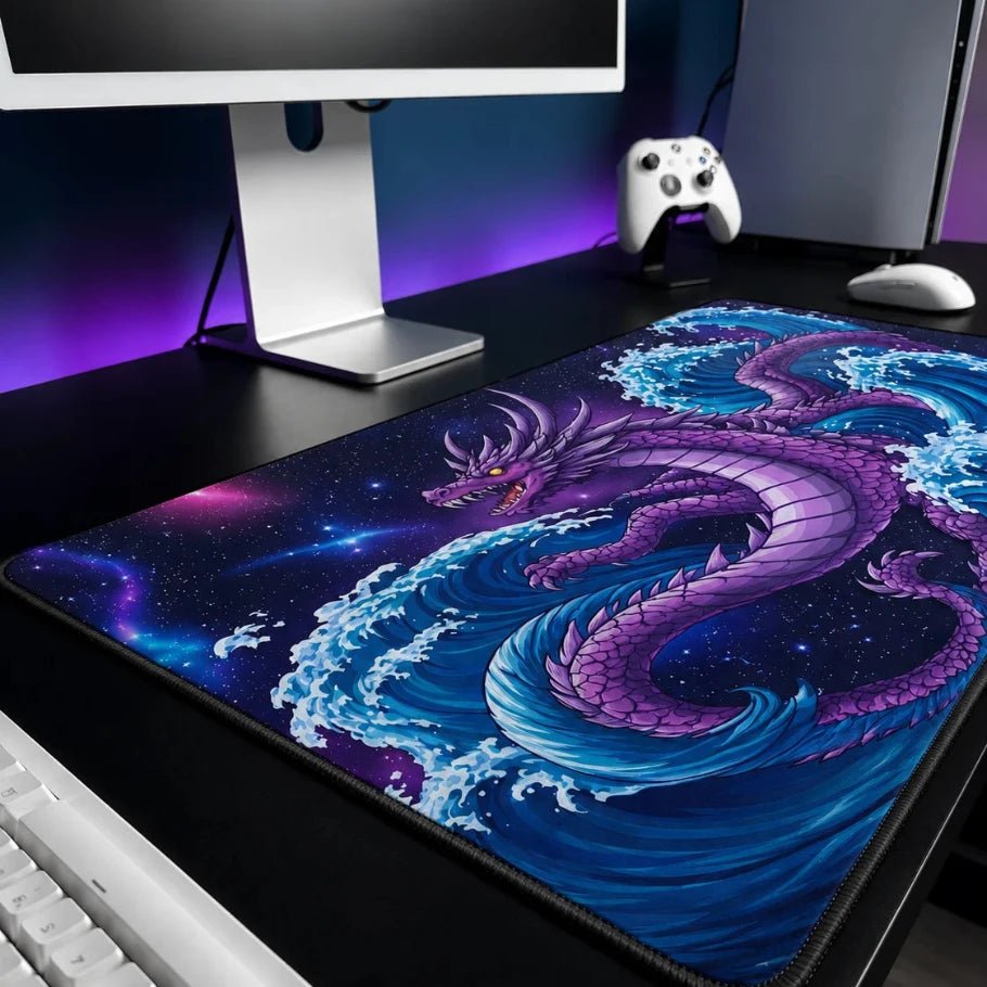 purple cosmic dragon gaming deskmat | xl extended mouse pad - fictioo