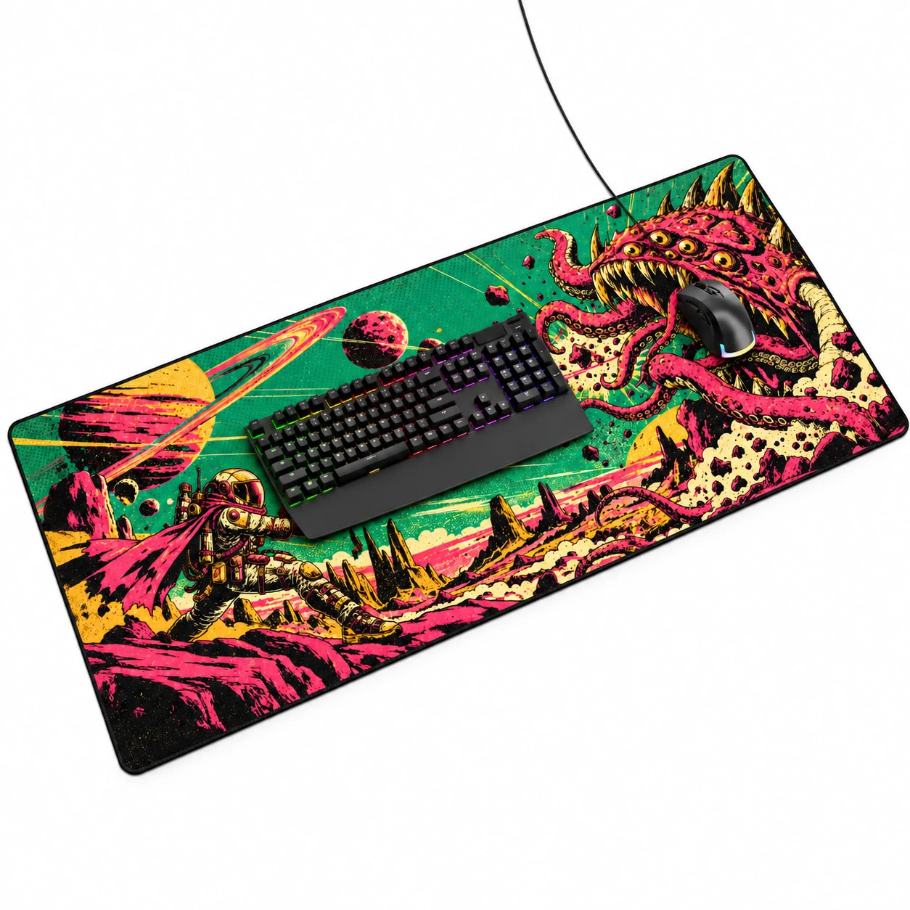 retro space bounty hunter gaming deskmat | xl extended mouse pad - fictioo