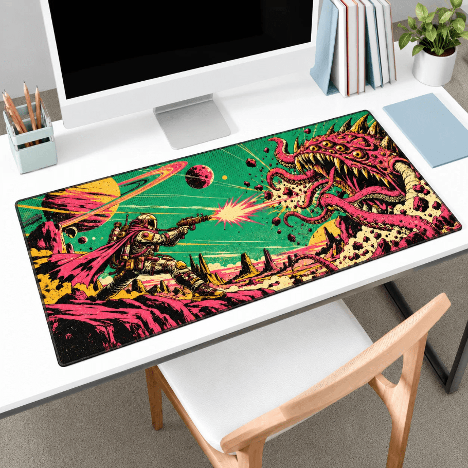 retro space bounty hunter gaming deskmat | xl extended mouse pad - fictioo