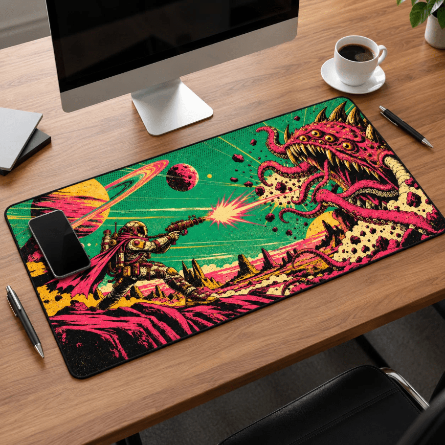 Retro Space Bounty Hunter Gaming Deskmat | XL Extended Mouse Pad - Fictioo