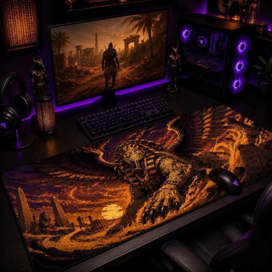 A large gaming desk mat with a detailed fantasy design of a stone lion and desert landscape, shown on a desk in a dark gaming setup with a monitor, keyboard, mouse, and PC case.