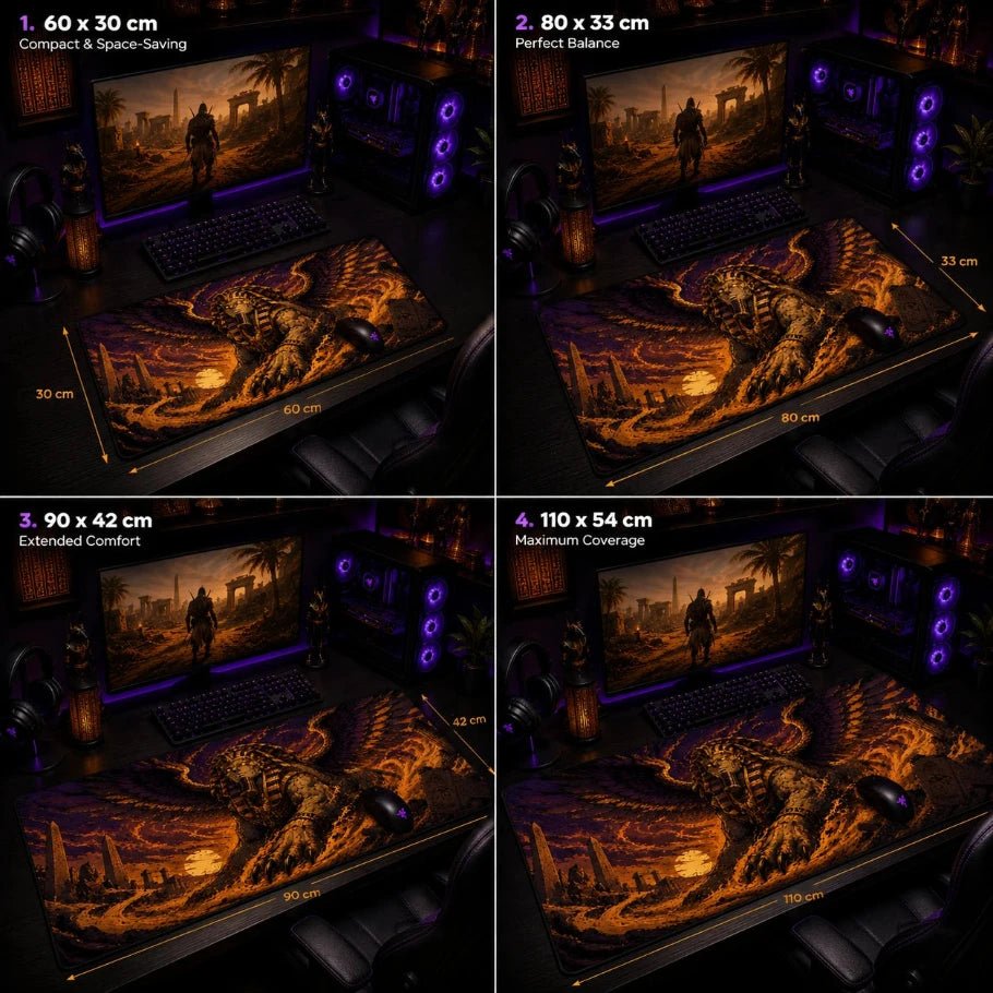 a four-panel size comparison graphic showing a large gaming desk mat with different dimensions: 60 x 30 cm, 80 x 33 cm, 90 x 42 cm, and 110 x 54 cm. each panel shows the desk mat on a desk setup with a monitor, keyboard, mouse, and headphones, with the dimensions labeled in white text.