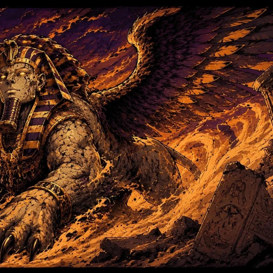 a dramatic fantasy artwork showing a large stone sphinx-like creature with wings and a pharaoh-style headdress, emerging from fiery orange and purple ground under a dark sky.