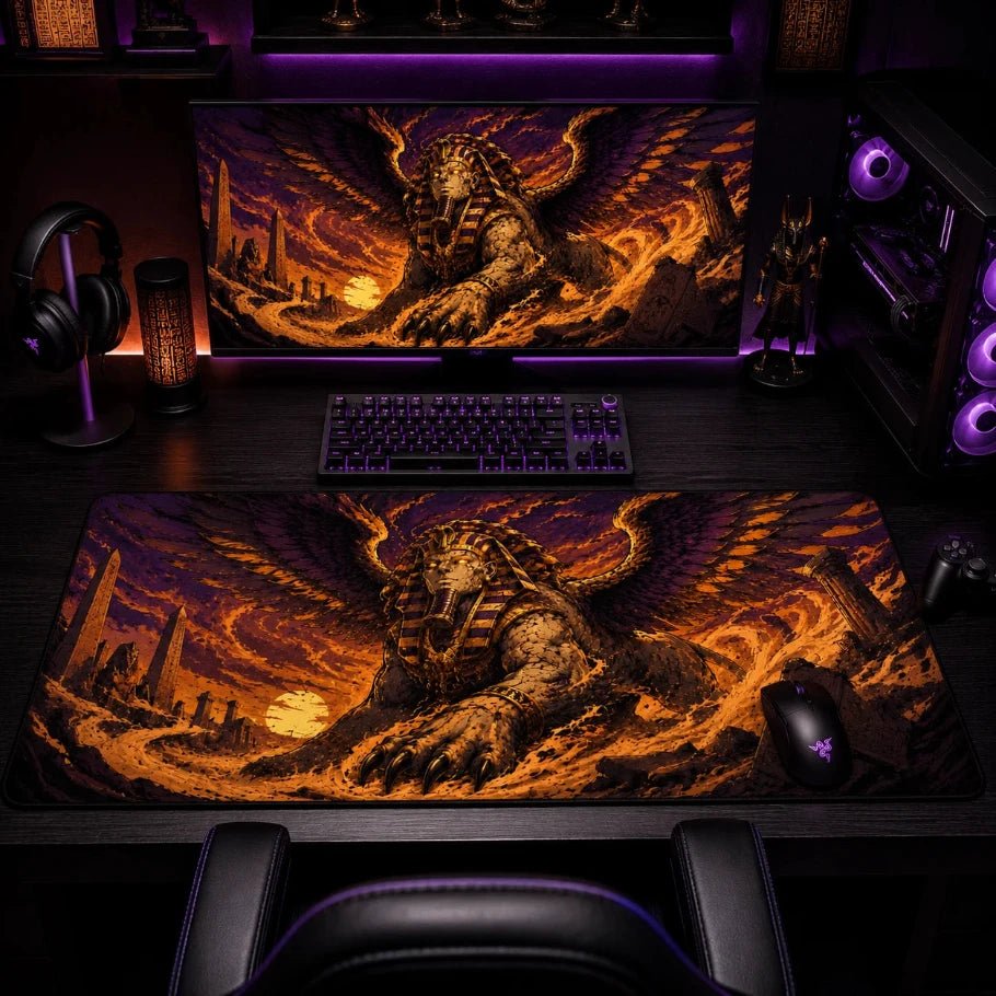 a large gaming desk mat with a matching computer monitor and keyboard setup, all featuring a dramatic fantasy illustration of a winged stone creature in fiery orange, yellow, and purple tones. a black gaming chair is partially visible in front of the desk.