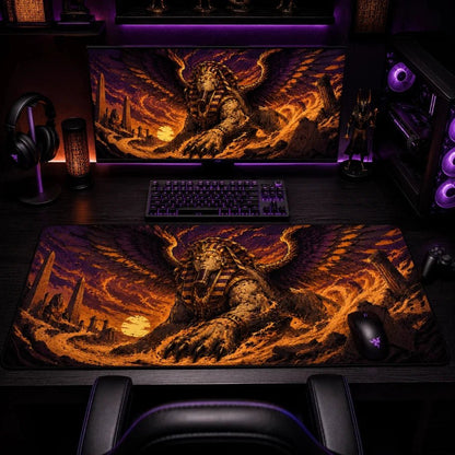 A large gaming desk mat with a matching computer monitor and keyboard setup, all featuring a dramatic fantasy illustration of a winged stone creature in fiery orange, yellow, and purple tones. A black gaming chair is partially visible in front of the desk.