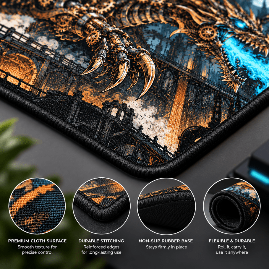 steamforged mecha dragon gaming deskmat | xl extended mouse pad - fictioo