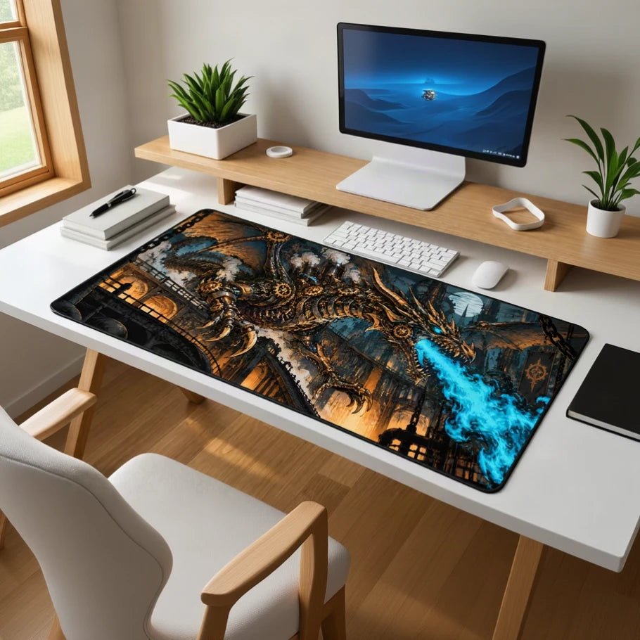 steamforged mecha dragon gaming deskmat | xl extended mouse pad - fictioo