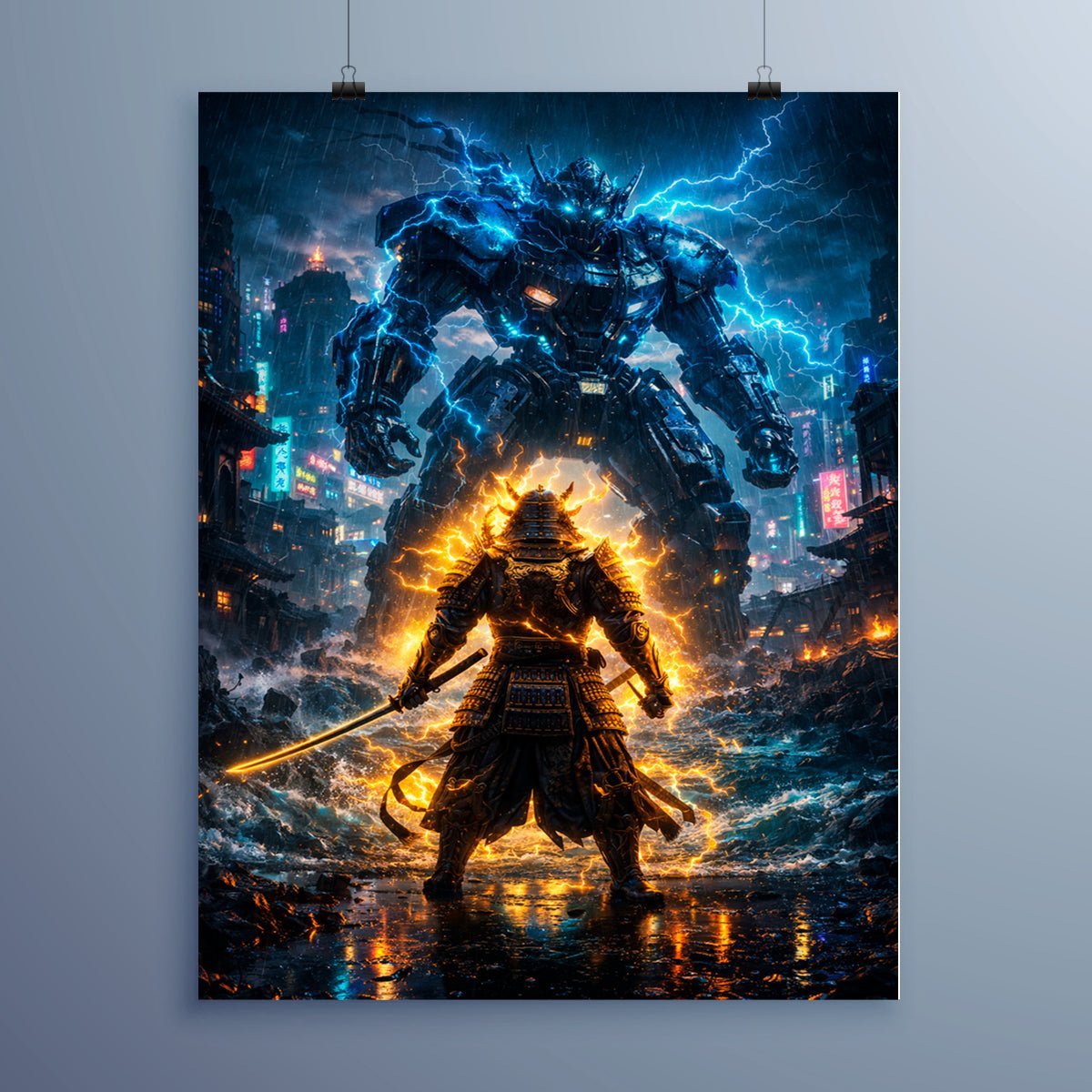 stormbreaker: samurai vs cyber titan metal poster - fictioo