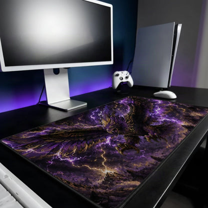 A large gaming desk mat featuring a dramatic purple and gold eagle design with lightning, styled on a black desk next to a computer monitor, keyboard, mouse, and game controller.